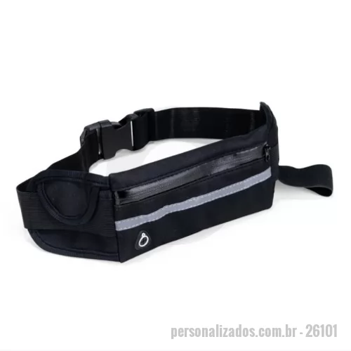 Pochete personalizado - Pochete esportiva confeccionada em neoprene impermeável. Possui cinto elástico ajustável com fivela plástica de encaixe, compartimento principal com fechamento em zíper, faixa refletiva frontal e saída para fones de ouvido, além de bolso compacto lateral com fechamento por velcro e suporte elástico para garrafa.