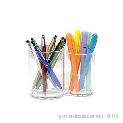 porta caneta personalizada - Porta caneta duplo personalizado produzido em acrílico translúcido. Possui dois compartimentos para canetas e objetos pequenos.