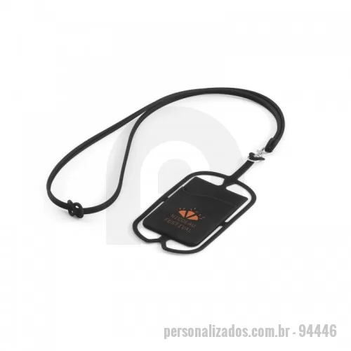 Porta cartão personalizada - Porta cartões em silicone com cordão e suporte para celular. Porta-cartões: 57 x 86 x 4 mm | Lanyard: 420 mm