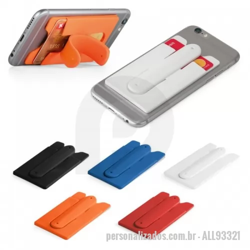 Porta cartão personalizada - Porta cartões para celular em silicone com autocolante no verso e suporte para smartphone. 57 x 96 x 5 mm