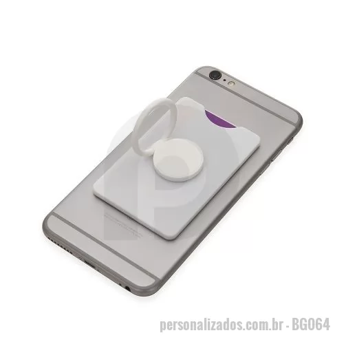 Porta cartão personalizada - Detalhes:  Porta-cartões em Silicone e PP. Com adesivo 3M para fixar no celulares. Anel Suporte para transporte e manuseio do aparelho.