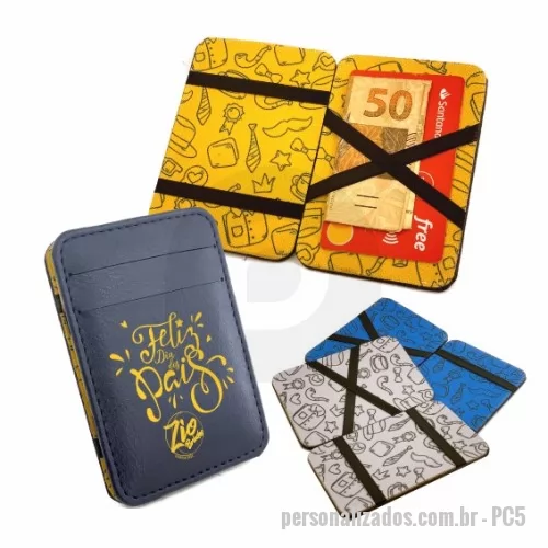 Porta cartão personalizada - Porta Cartão Mágico – PC5 pode ser confeccionada em couro ou sintético nobre diversas opções de materiais e cores (modelo da foto foi confeccionado no sintético casco azul com forro em nylon sublimado). Possui compartimento para nota, cartão e possui segredo de fitas. Personalização com gravação em baixo relevo ou digital colorido