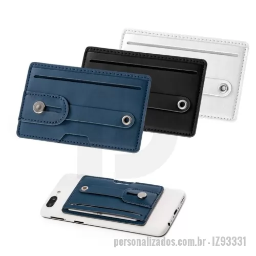 Porta cartão personalizada - Porta cartões para celular em PU com bloqueio de RFID, com capacidade para dois cartões. O porta cartões tem fita ajustável em PU e autocolante no verso. 102 x 63 x 3 mm