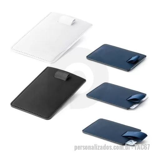 Porta cartão personalizada - Porta cartões em pu com bloqueio de rfid e fita em poliéster para retirar facilmente seus cartões. Com capacidade para guardar até 2 cartões.