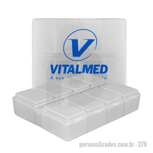 Porta comprimido personalizada - Porta comprimidos formato retangular com 8 compartimentos, tampa articulada e com os dias da semana, feito em Plástico Premium (PP) atóxico.