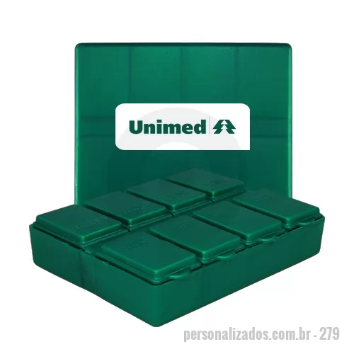 Porta comprimido personalizada - Porta comprimidos formato retangular com 8 compartimentos, tampa articulada e com os dias da semana, feito em Plástico Premium (PP) atóxico.