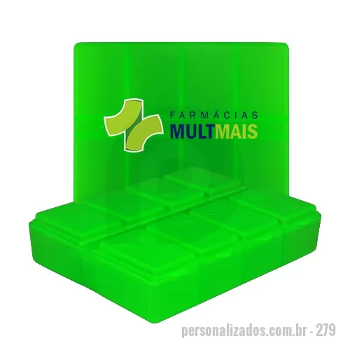 Porta comprimido personalizada - Porta comprimidos formato retangular com 8 compartimentos, tampa articulada e com os dias da semana, feito em Plástico Premium (PP) atóxico.