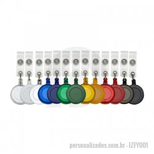 Porta crachá personalizada - Porta crachá retrátil plástico, cores leitosas e translúcidas. Roller clip possui sistema extensor em nylon que após puxar é recolhido automaticamente. Possui presilha metálica na parte traseira e alça plástica com botão