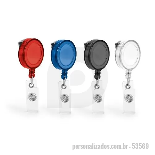 Porta crachá personalizada - Porta crachá Personalizada - 53569 - Porta crachá com clipe metálico com mecanismo extensível até aos 900 mm. Com presilha transparente e botão para adicionar bolsa porta-cartões. O mecanismo retrátil permite apresentar seu cartão ou credencial com segurança e comodidade. ø32 x 9 mm - 179355 - Porta crachá