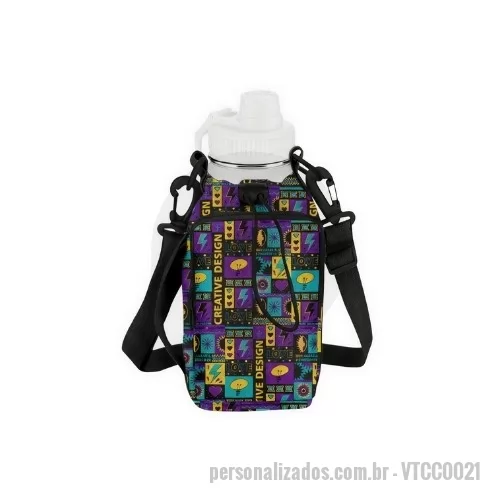 Porta garrafa personalizada - Porta-garrafa transversal confeccionado em material sublimado de alta qualidade, permitindo personalização com cores vivas e duradouras. Possui bolso frontal para celular e alça transversal ajustável que garante conforto e praticidade no uso diário.