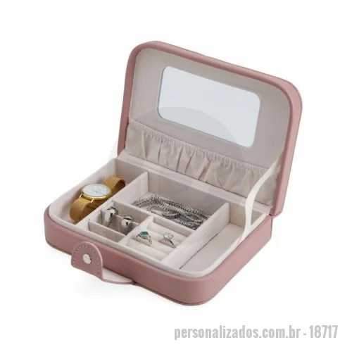Porta joia personalizada - Porta joias em couro sintético com revestimento aveludado e espelho. Possui compartimentos internos para anéis, pulseiras, colares e placas para brincos.