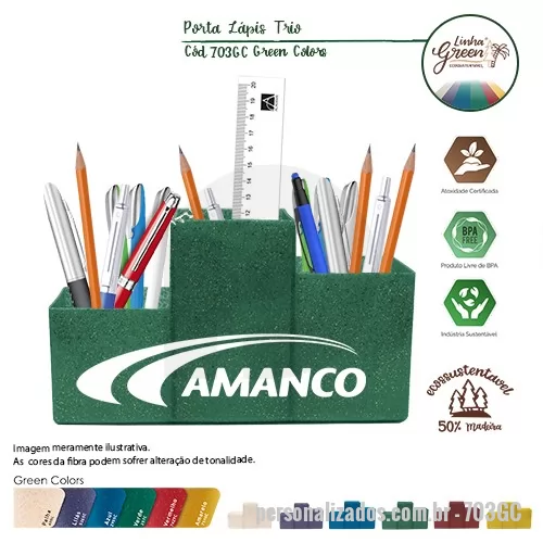 Porta lápis ecológico personalizada - Porta Lápis Trio Green Colors com três cavidades, de alturas diferentes e design com linhas retas. Feito com 50% de fibra de madeira de reflorestamento e 50% de Plástico Premium (PP), disponível em 6 cores especiais que utilizam pigmentos orgânicos na fabricação. Seu design é prático, funcional e versátil, ideal para organizar a mesa com itens de escritório, maquiagens, cosméticos dentre outros.! Excelente brinde para escritórios, escolas e setor de beleza e cosméticos.