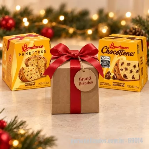 Porta panetone personalizada - O kit contém: Bauducco mini Chocottone ou Panettone 80g Caixa corte e vinco em papel cartão branco ou kraft 10x10x11cm