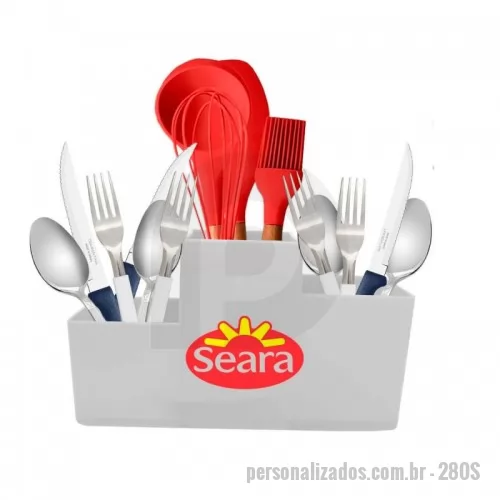 Porta talher personalizada - Porta Talher Trio feito em Plástico Premium (PP) com três cavidades, de alturas diferentes e design com linhas retas. Prático, funcional e versátil, ideal para organizar a mesa durante as refeições e a área da cozinha.