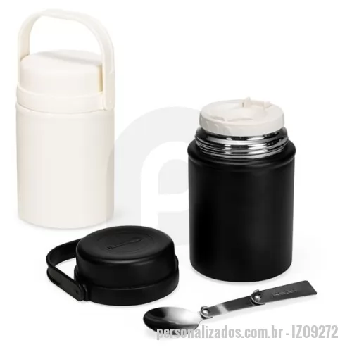 Pote Hermético personalizado - Pote térmico com capacidade máxima de 500ml. Possui estrutura de parede dupla com interior em inox 304 e exterior em inox 201 com pintura eletrostática, além de base antiderrapante em silicone. Conta com duas tampas rosqueáveis em plástico polipropileno (PP): a interna possui anel de vedação em silicone e espaço para guardar a colher retrátil, enquanto a externa apresenta alça para transporte. Acompanha colher retrátil e inox 304.  Altura :  15,5 cm  Largura :  10,7 cm  Circunferência :  29,5 cm  Diametro :  bocal:7cm/base:9,4cm