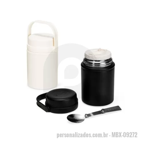 Pote Hermético personalizado - Pote térmico com capacidade máxima de 500ml. Possui estrutura de parede dupla com interior em inox 304 e exterior em inox 201 com pintura eletrostática, além de base antiderrapante em silicone. Conta com duas tampas rosqueáveis em plástico polipropileno (PP): a interna possui anel de vedação em silicone e espaço para guardar a colher retrátil, enquanto a externa apresenta alça para transporte. Acompanha colher retrátil e inox 304.  Altura :  15,5 cm  Largura :  10,7 cm