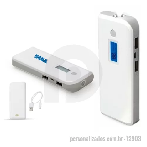 Power bank personalizado - Power Bank de plástico resistente, com 4 baterias internas, com que indicador de energial digital, com lanterna e cabo USB.