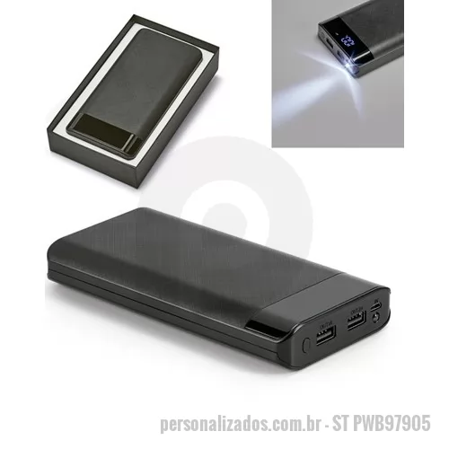 Power bank personalizado - Carregador portátil power bank personalizado. Possui capacidade de carga de 16000 mAh, possui 2 portas USB e uma porta micro USB, proteção contra sobre carga, superaquecimento e curto circuito. Fornecido em caixa para presente com cabo USB para carre