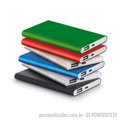 Power bank personalizado - Slim, feito de alumínio o power bank 4000mah personalizado é um brinde útil, com ótima capacidade de carga, boa variedade de cores e área nobre para a impressão da logomarca à laser