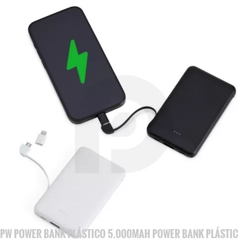 Power bank personalizado - Power bank Personalizado - PW POWER BANK PLÁSTICO 5.000MAH POWER BANK PLÁSTIC - Power bank plástico de 5.000mAh com indicadores led de bateria e cabos acoplados: Tipo-C e V8. Acompanha cabo USB V8 e adaptador Lightning. - 153996 - Power bank