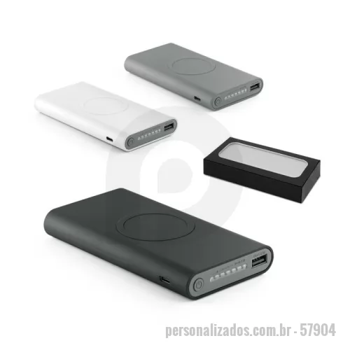 Power bank personalizado - Bateria portátil em ABS com acabamento emborrachado e carregador wireless super rápido. Bateria de lítio com capacidade de 10.000 mAh e tempo de vida ? 500 ciclos. Os 15W de potência permitem carregamento super rápido dos dispositivos móvies. Indicador de carga, porta de entrada microUSB, porta de entrada/saída USB-C e porta de saída USB-A. Incluso cabo USB-C para carregar a bateria. Compatível com dispositivos móveis com tecnologia de carregamento sem fios. Fornecida em caixa presente. 135 x 75 x 20 mm | Caixa: 150 x 95 x 25 mm