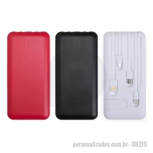 Power bank personalizado - Nosso power bank 10.000mAh 4 em 1 é uma solução prática e eficiente para manter os dispositivos sempre carregados, mesmo quando estiver em movimento. Feito em plástico, possui cabos acoplados com saídas para: Lightning, tipo-C, micro-USB e USB. Apresenta entradas USB-C e micro-USB dedicados apenas para a recarga do aparelho, além de suporte lateral para celular integrado, além de duas lanternas para situações de emergência. Sua entrada micro-USB 5V=2.1A e saída USB 5V=2.1A, oferece um desempenho eficiente e rápido para o dia a dia.  Largura :  6,9 cm  Comprimento :  14,2 cm  Espessura :  2,2 cm
