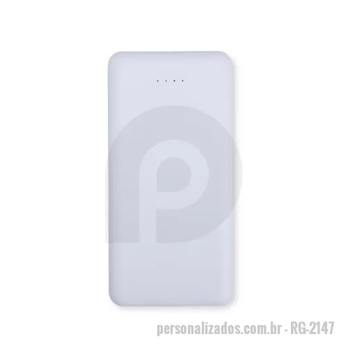 Power bank personalizado - Power bank em plástico, 10.000mAh, quatro LEDs indicadores de carga. Duas portas USB, uma Micro USB, uma USB-C.