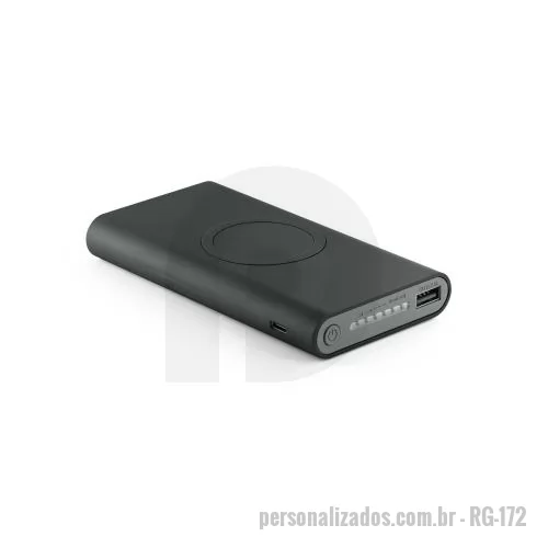 Power bank personalizado - Bateria portátil em ABS com acabamento emborrachado e carregador por indução (wireless) super-rápido. Bateria de lítio com capacidade de 10.000 mAh. Indicador de carga, entrada microUSB, USB-C e saída USB-A.