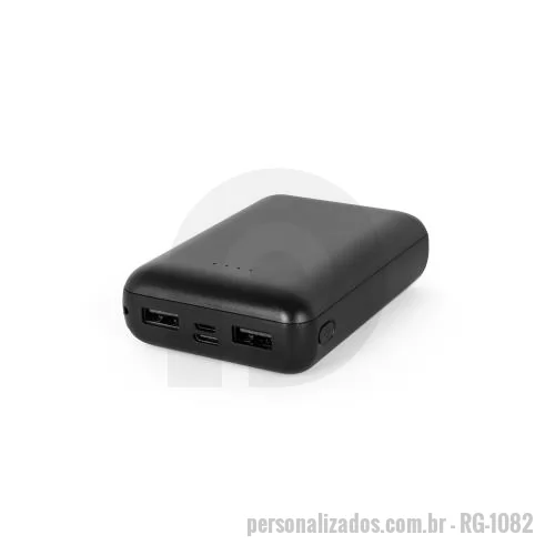 Power bank personalizado - Bateria portátil em ABS 100% reciclado, 10000 mAh. Indicador de nível de carga, USB-C, microUSB e duas USB-A.