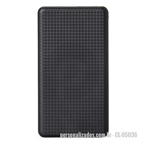 Power bank personalizado - Carregador portátil plástico com 10.000mAh e indicador led de bateria. Possui entrada V8, acompanha cabo USB e adaptador lightning.