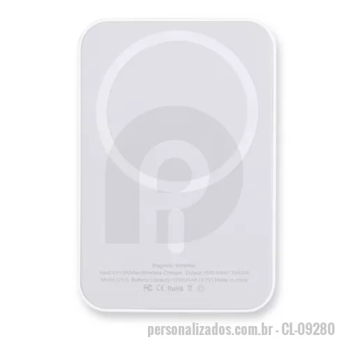 Power bank personalizado - Power bank para carregamento de dispositivos compatíveis com a tecnologia de indução magnética, estrutura em plástico, entrada USB-C para alimentação e capacidade de até 10.000mAh.