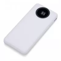  Carregador portátil de 10.000mAh com display digital indicador de bateria, contém duas lanternas de led e quatro cabos de saída acoplados, sendo: saída Lightning, saída Tipo-C, saída V8 e saída USB. O carregador possui uma porta USB dupla (entrada e saída) com carga rápida e outras duas portas de entrada: V8 e Tipo-C. Acompanha cabo USB.
