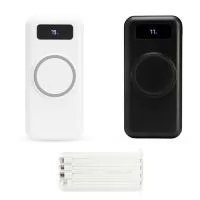 Carregador portátil power bank com 10.000mAh e carregamento via indução ou via cabo. Com display digital indicador de bateria, o carregador contém quatro cabos acoplados: Lightning, Tipo-C, V8 e saída USB para o carregamento da própria bateria. Portas de entrada: V8, Tipo-C e duas portas USB.