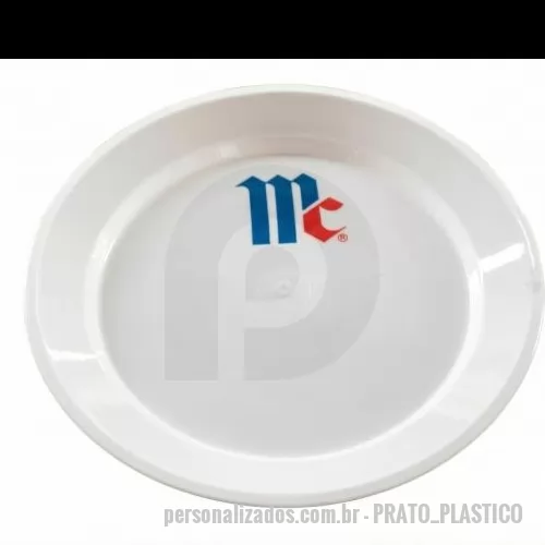 Prato descartável personalizado - PRATO DESCARTÁVEL REDONDO EM PLÁSTICO resistente na cor branca, com acabamento liso e bordas elevadas para melhor acomodação dos alimentos. Modelo leve, prático e funcional.