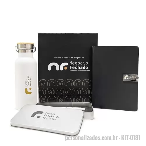 press kit personalizado - Kit welcome board, contém caixa rígida cartonada 25x20x10cm, garrafa térmica em aço inox com parede dupla 500ml, caderneta emborrachada com fecho metalico 14,8x21,2cm e conjunto caneta e lapiseira de metal.