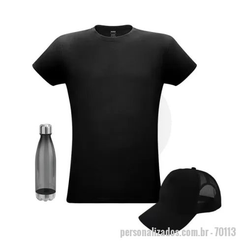 press kit personalizado - Kit Onboarding (Boas Vindas e Integração) 30508 - Camiseta unissex de corte regular em malha 100% algodão (135 g/m2) com fio 30/1 misto. Com gola em ribana 1,5x1,5 com fita de reforço e com costura dupla nas mangas, barra de fundo e laterais. Tamanhos: P, M, G, GG, XGG. Grade de tamanhos especiais (PP, G2, G3, G4 e G5) considerar acréscimo de 10% sobre o valor do orçamento. 94687 - Squeeze em AS e aço inox com capacidade até 700 ml. ø74 x 265 mm. 300100 - Boné promocional modelo Trucker ou Americano, regulador plástico e personalização em silk 1 cor frontal (pode ser colorido ou bordado consulte valores especiais).