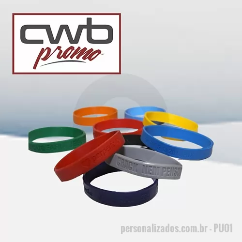 Pulseira emborrachada personalizada - PRODUTO: Pulseira Emborrachada MEDIDAS: 6,5 cm de diâmetro CAPACIDADE: - MATERIAL: Polímero Emborrachado PERSONALIZAÇÃO: Baixo Relevo CORES: Diversas