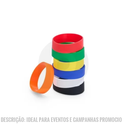 Pulseira emborrachada personalizada - Descrição: Ideal para eventos e campanhas promocionais, a pulseira de silicone é flexível e leve, ajustando-se facilmente a qualquer tamanho de punho. Impermeável e resistente ao desgaste, ela é uma escolha eficaz para deixar uma impressão duradoura.  Altura :  2 cm  Circunferência :  21 cm  Medidas aproximadas para gravação (CxL):  1,6 cm x 6 cm