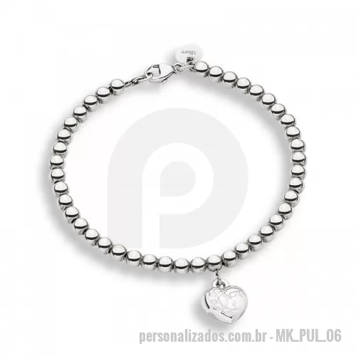 Pulseira personalizada - Pulseira de bolinhas em metal, com pingente e possível gravação de logo em tag anexa ao fecho.