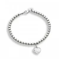 Pulseira de bolinhas em metal, com pingente e possível gravação de logo em tag anexa ao fecho.
