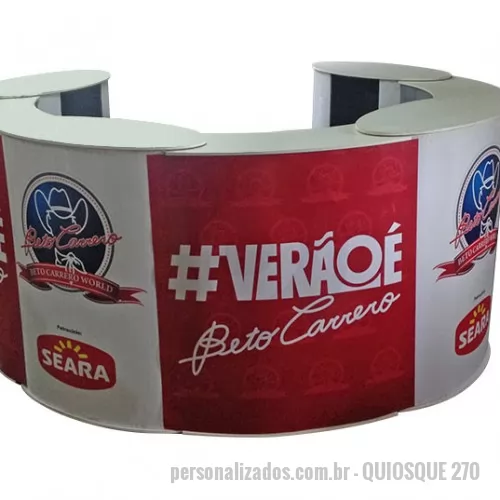 Quiosque personalizado - inclui: estrutura | comunicação visual | 2 cases rígidos de plástico com rodízios. altura 90 cm | largura 200 cm | profundidade 200 cm | peso: 60 kg mídia: impressão direta em chapa de PS | fixada com fita de velcro embalagem: 2 volumes 90 x 45 x 45 cm