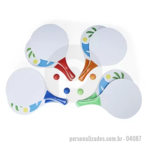 Raquete de frescobol personalizado - Kit Frescobol MDF - Descrição: Kit frescobol em MDF com embalagem de malha plástica. Contém 2 raquetes de madeira com pegador de revestimento plástico e bolinha emborrachada.