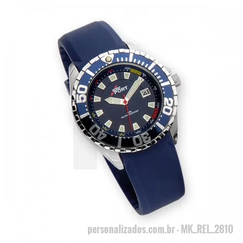 Relógio de pulso personalizado - Relógio de pulso análogo quartz, caixa em aço e pulseira PU. Mostrador azul, com calendário e index em alto relevo e luminoso. Divulgue sua marca e personalize com o seu logo.