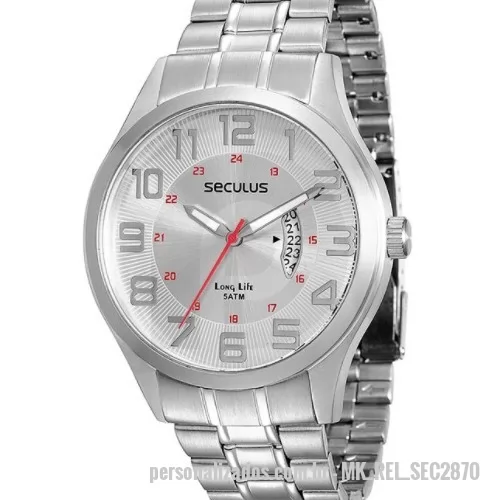 Relógio de pulso personalizado - Relógio de pulso marca Seculus com  caixa e pulseira em aço, com index em alto relevo e calendário. Divulgue sua marca e personalize com o seu logo.
