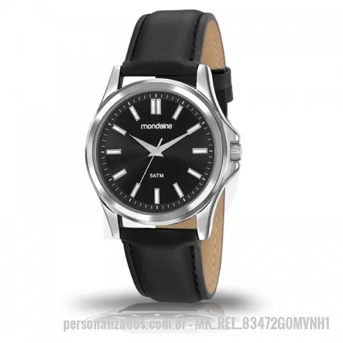 Relógio de pulso personalizado - Relógio de pulso Mondaine análogo quartz, mostrador preto com index, pulseira de couro.   - Resistente a água.  - Garantia de um ano - Embalagem de plástico individual