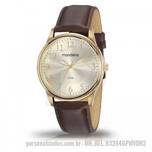 Relógio de pulso personalizado - Relógio de pulso Mondaine análogo quartz, mostrador com números arábicos, pulseira de couro.  -  Resistente a água -  Garantia de um ano -  Embalagem de plástico individual