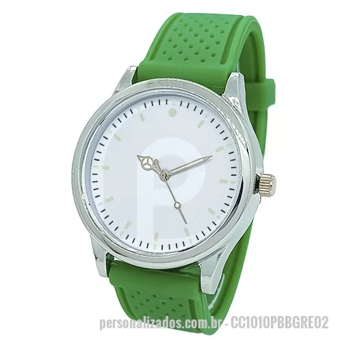 Relógio de pulso personalizado - Relógio de pulso analógico mecanismo Quartz máquina SL68, caixa em ABS na cor prata, pulseira de borracha PVC flexível e macia com detalhes de bolinha cor verde