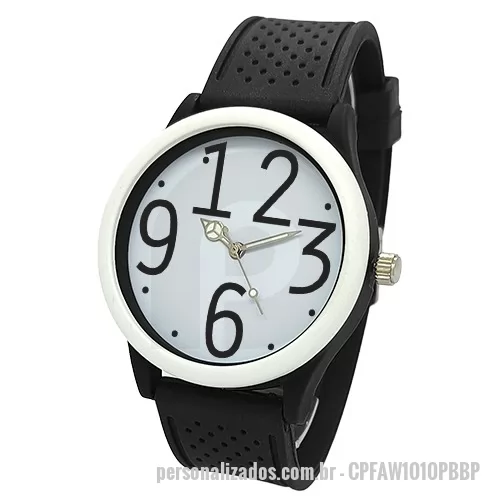 Relógio de pulso personalizado - Relógio de pulso analógico mecanismo Quartz máquina SL68 , caixa em ABS preta com aro branco, pulseira de borracha PVC flexível e macia detalhes em bolinha preta