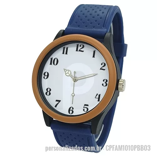 Relógio de pulso personalizado - Relógio de pulso analógico mecanismo Quartz máquina SL68 , caixa em ABS preta com aro laranja, pulseira de borracha PVC flexível e macia com detalhes de bolinha azul marinho