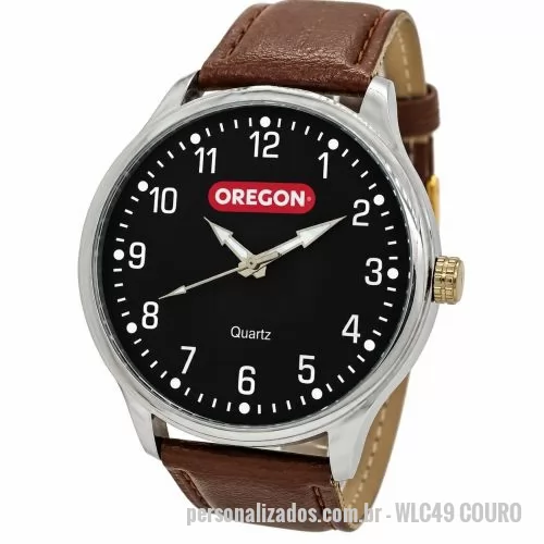 Relógio de pulso personalizado - Relógio de pulso analógico personalizado com logo, caixa cromada, pulseira de couro, bateria Maxcell, maquina SL68 , com garantia de 1 ano e embalagem personalizada sem limite de cores (mostrador sem limite de personalização).